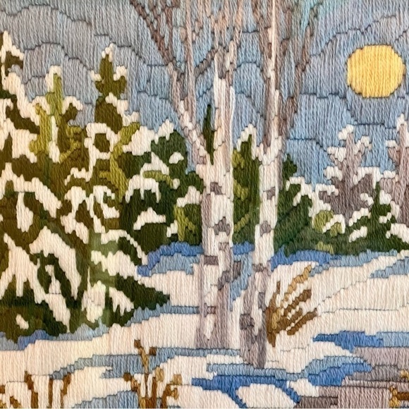 Crewel Embroidery Art Hand Stitched Winter Snow Scene Professionally Framed EUC - Picture 7 of 13